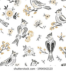 Seamless Spring Floral Pattern with Birds and Flowers. Summer Vector Flower Background with Songbirds