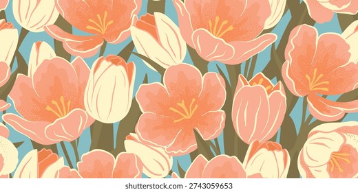 Seamless spring floral pattern with blooming tulips in a modern artistic style with grainy texture, for textile, wrapping paper and commercial surface design, vector illustration.