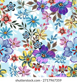 Nahtloses Frühlingsfloralmuster in Blau, Gelb, Rosa, Lila auf einfarbigem Hintergrund für Stoff, Textilien, Tapeten, Geschenkpapier.