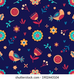 Seamless Spring Floral Pattern. SPRING COLD COLORS. Vector floral pattern in doodle style with flowers and leaves. Gentle, spring floral background.