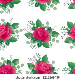 Seamless spring floral pattern with colorful pink roses. Background for web pages, wedding invitations, save the date cards. Flower vector background. All elements are isolated and editable. EPS 10