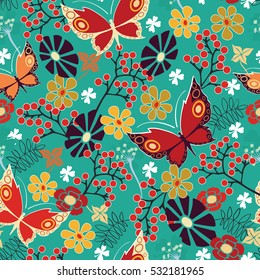Seamless spring floral pattern with colorful butterflies and flowers (vector) EPS 8