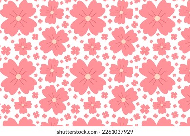 Seamless spring floral pattern with cute pink flowers. Beautiful flower with four petals. Botanical ornament. Nature background for fabric, textiles, paper, clothing. Vector flat cartoon illustration