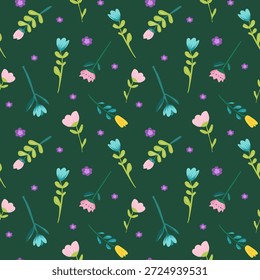 Patrón floral de primavera sin fisuras con lindas flores y abejas en un estilo de Vector moderno dibujado a mano. Perfecto para la tela, Fondo de pantalla, papelería, embalaje, productos para niños, marca y fondos digitales