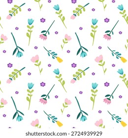 Padrão floral de primavera sem costura com flores bonitas e abelhas em um estilo vetor moderno desenhado à mão. Perfeito para tecido, papel de parede, papelaria, embalagem, produtos para crianças, branding e fundos digitais