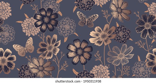 Seamless spring floral pattern. Flowering plants. Vintage vector. Cute garden flowers. Victorian style. Luxurious summer textiles, paper, wallpaper decoration. Black, gold foil print. Ornamental cover