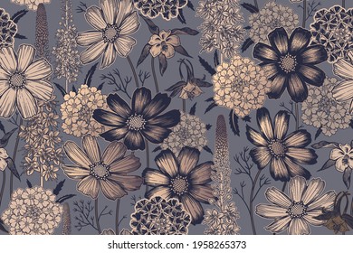 Seamless spring floral pattern. Flowering plants. Vintage vector. Cute garden flowers. Victorian style. Luxurious summer textiles, paper, wallpaper decoration. Black, gold foil print. Ornamental cover