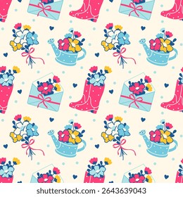 Seamless spring floral pattern with gift bouquets, rubber boots, and watering cans. A playful, colorful background perfect for textile, paper, packaging, and seasonal gardening decor
