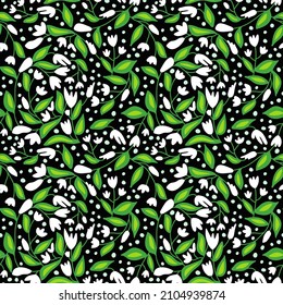 Seamless spring floral pattern in green, white and black. All over abstract botanical print. 