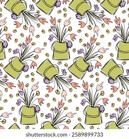 Seamless Spring Floral Pattern with Green Bags and Colorful Flowers – Hand-Drawn Nature-Inspired Botanical Design for Fabric, Wrapping, and Decorative Prints