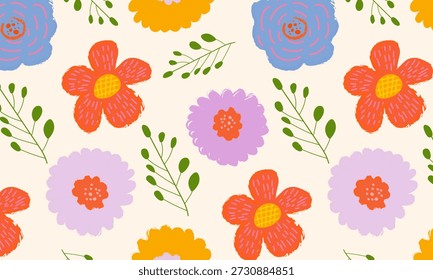 Seamless spring floral pattern with hand-drawn flowers and leaves in sketchy brush style. Simple botanical vector background perfect for fabric prints, wrapping paper, stationery and trendy seasonal designs.