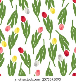 Seamless spring floral pattern multicolored tulips on white background for packaging, paper and fabric design