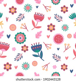 Seamless Spring Floral Pattern. Pastel Colors. Vector floral pattern in doodle style with flowers and leaves. Gentle, spring floral background.