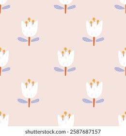 Seamless spring floral pattern in pastel tones with a minimalistic hand-drawn style. Soft and elegant design with delicate flowers, creating a light and airy feel. Perfect for textiles, packaging.