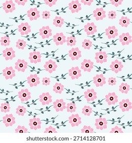 Seamless Spring Floral Pattern with Pink Blossoms and Teal Leaves on Light Background, Hand-Drawn Botanical Flower Motif Repeating Design for Fabric, Wallpaper, Textile, Wrapping Paper