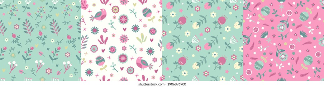 Seamless Spring Floral Pattern Set. Pastel Colors. Vector floral pattern in doodle style with cats, horses, flowers and leaves. Gentle, spring floral background.
