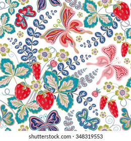 Seamless spring floral pattern with strawberries and flowers and butterflies (vector EPS 8)