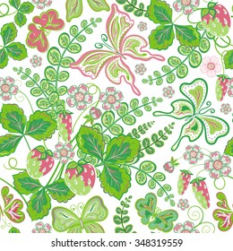 Seamless spring floral pattern with strawberries and flowers and butterflies (vector EPS 8)