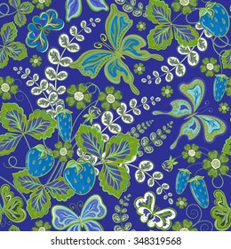 Seamless spring floral pattern with strawberries and flowers and butterflies (vector EPS 8)