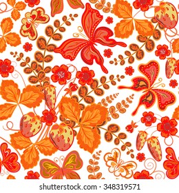 Seamless spring floral pattern with strawberries and flowers and butterflies (vector EPS 8)