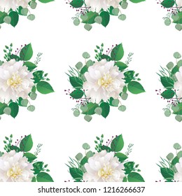 Seamless spring floral pattern with white peonies. Background for web pages, wedding invitations, save the date cards. Flower vector background. All elements are isolated and editable. EPS 10
