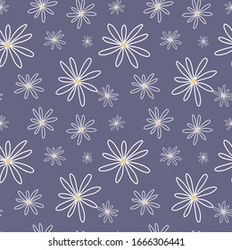 Patrón floral sin manantiales. Las margaritas blancas en el fondo morado. Papel envuelto, textil, tela, papel pintado. 