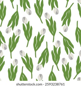Seamless spring floral pattern white tulips on white background for packaging, paper and fabric design