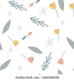 Seamless spring floral pattern. Yellow and pink daisies, green leaves. Wrapping paper, textile, fabric, wallpaper. Isolated on the white background.