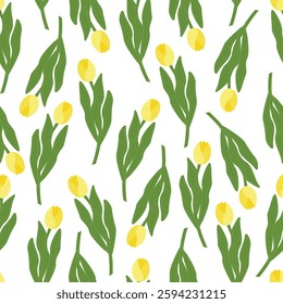Seamless spring floral pattern yellow tulips on white background for packaging, paper and fabric design