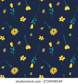 Padrão floral de primavera sem costura com flores silvestres amarelas e abelhas voadoras. Estilo vetor moderno fresco, perfeito para têxteis, papel de parede, embalagem, artigos de papelaria, branding, produtos infantis e design de superfície alegre