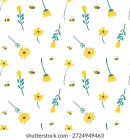 Padrão floral de primavera sem costura com flores silvestres amarelas e abelhas voadoras. Estilo vetor moderno fresco, perfeito para têxteis, papel de parede, embalagem, artigos de papelaria, branding, produtos infantis e design de superfície alegre
