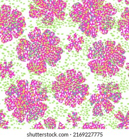 Seamless spring floral print. Large daisy flower buds with spot texture. Abstract botanical background with textured silhouettes of wildflowers. High quality endless illustration.