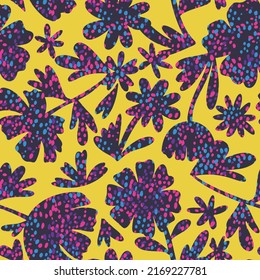 Seamless spring floral print. Large daisy flower buds with spot texture. Abstract botanical background with textured silhouettes of wildflowers. High quality endless illustration.