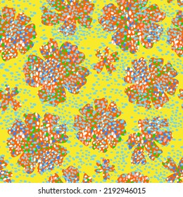 Impresión floral sin manantiales. Grandes brotes de flores de margarita con textura de manchas. Resumen de fondo botánico con siluetas texturadas de flores silvestres. Ilustración interminable de alta calidad.