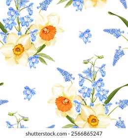 Seamless spring floral vector pattern featuring yellow daffodils with orange centers, blue delphiniums, and grape hyacinths on a white background.