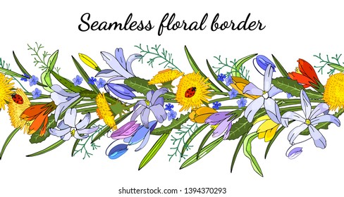 Seamless spring flower border isolated on white. Vector hand drawn pattern. Excellent print for greeting cards, clothes, bed linens, fabric, textile, wallpaper, wrapping paper, gift box.