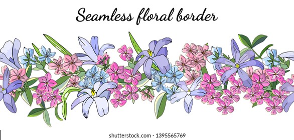 Seamless spring flower border isolated on white. Vector hand drawn pattern. Excellent print for greeting cards, clothes, bed linens, fabric, textile, wallpaper, wrapping paper, gift box.