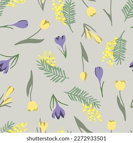 Seamless spring, flower pattern with tulips, mimosa and  snowdrops Vector floral background