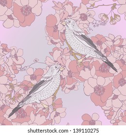 seamless with spring flowers and birds