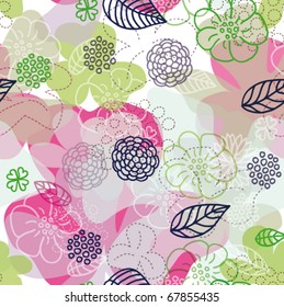 Flores primaverales sin foco y hojas patrón de fondo en vector