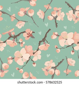 Seamless spring flowers on tree branch pattern