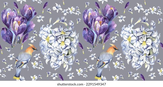 Seamless Spring flowers pattern and birds. Design for textile, wallpapers, Element for design, Greeting card.