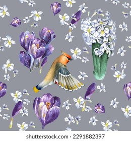 Seamless Spring flowers pattern and birds. Design for textile, wallpapers, Element for design, Greeting card.
