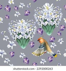 Seamless Spring flowers pattern and birds. Design for textile, wallpapers, Element for design, Greeting card.
