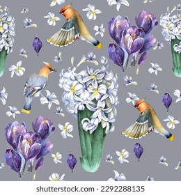 Seamless Spring flowers pattern and birds. Design for textile, wallpapers, Element for design, Greeting card.
