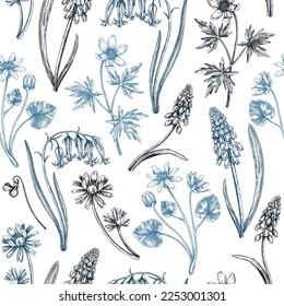 Seamless spring flowers pattern. Hand-drawn wildflowers background. Forest plant and wild flowers illustration. Bluebell, grape hyacinth, muscari, fritillary, winter aconite, wood anemone background