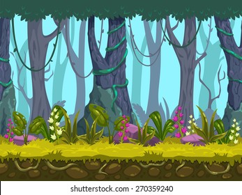 Seamless spring forest landscape, never ending vector nature background with separated layers for game design