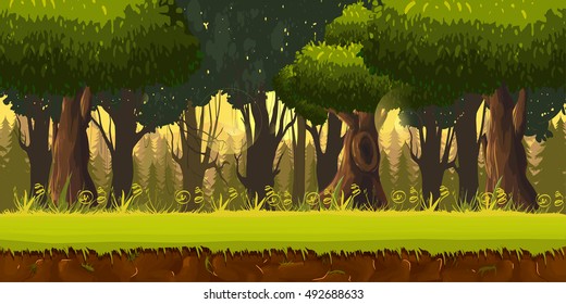 Seamless spring forest landscape, never ending vector nature background with separated layers for game design