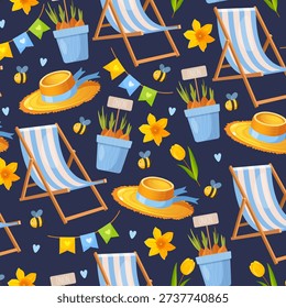 Seamless Spring Garden Pattern with Deck Chairs, Straw Hats, Daffodils and Onion Plants, Cute Flat Illustration on Dark Background for Textile Print, Wrapping Paper and Seasonal Print.