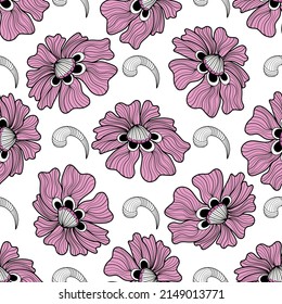Seamless spring geometric pattern with stylized pink flowers on a transparent background. vector image eps 10